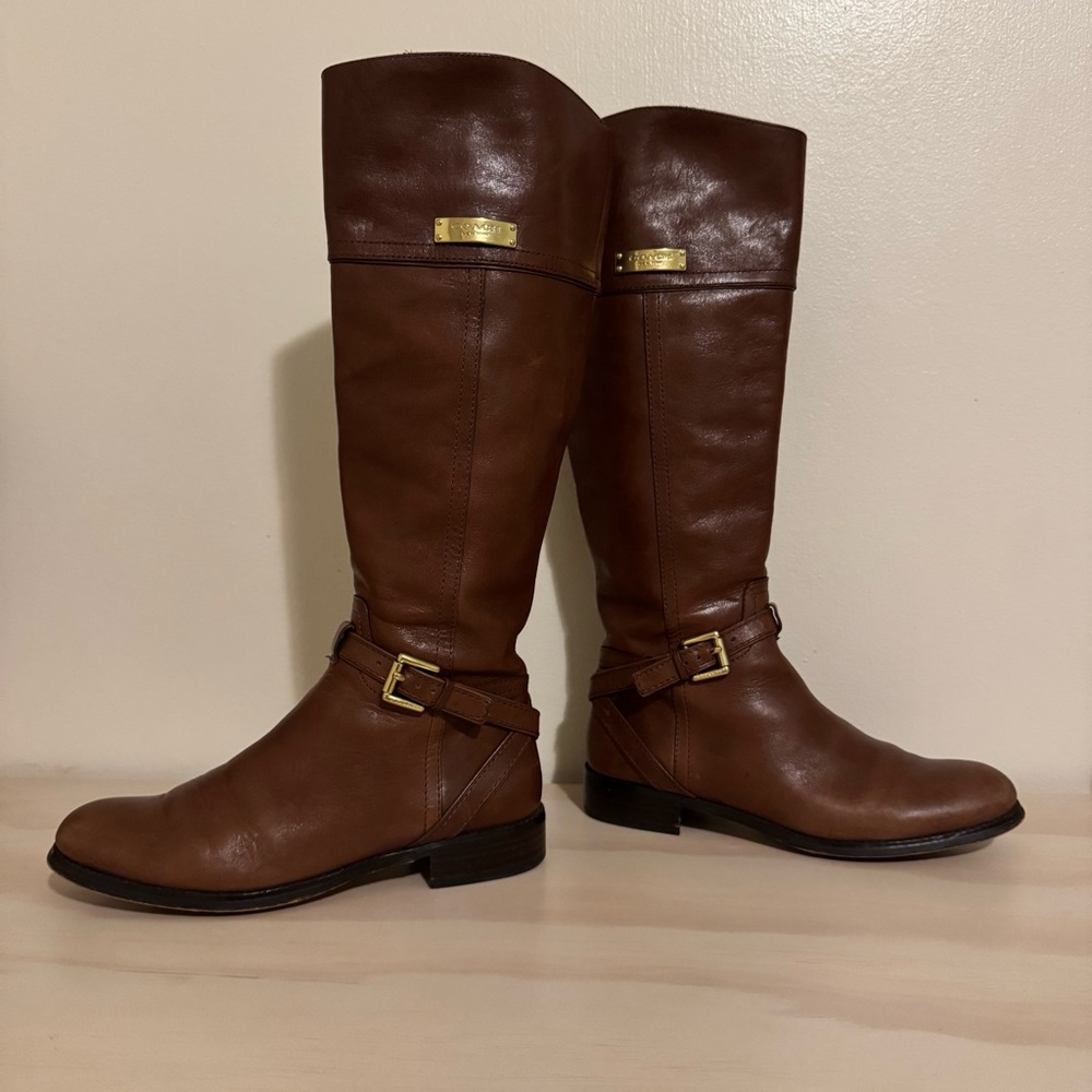 COACH Micha Chestnut Brown Knee High Leather Riding Boots Gold Hardware Women 6B